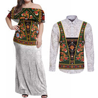 Norwegian Female Bunad Couples Matching Off Shoulder Maxi Dress and Long Sleeve Button Shirt with Rosemaling Folk Art Green Color - Wonder Print Shop