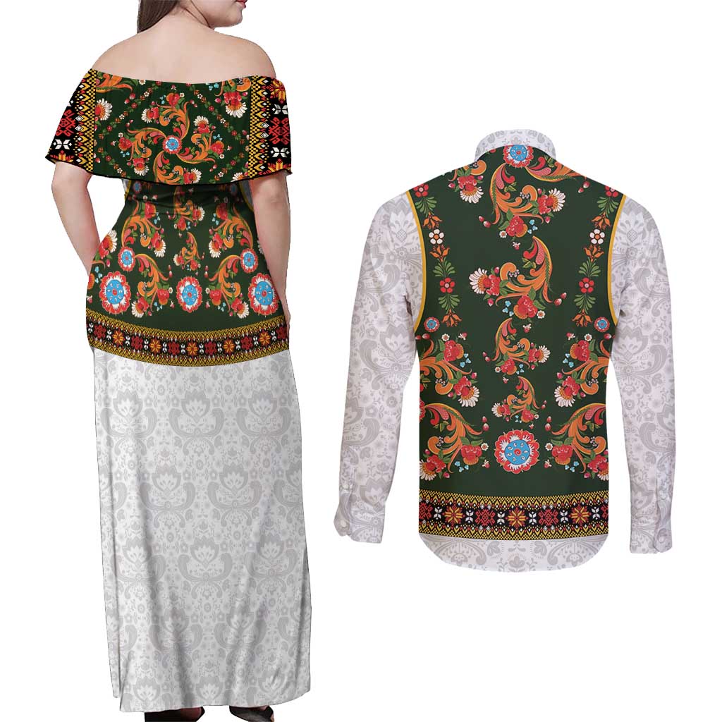 Norwegian Female Bunad Couples Matching Off Shoulder Maxi Dress and Long Sleeve Button Shirt with Rosemaling Folk Art Green Color - Wonder Print Shop