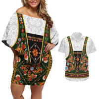 Norwegian Female Bunad Couples Matching Off Shoulder Short Dress and Hawaiian Shirt with Rosemaling Folk Art Green Color - Wonder Print Shop