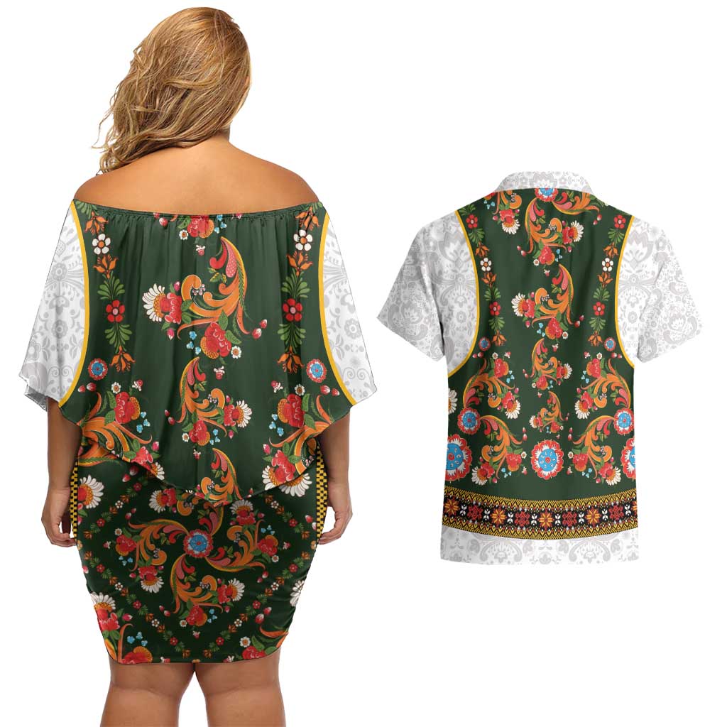 Norwegian Female Bunad Couples Matching Off Shoulder Short Dress and Hawaiian Shirt with Rosemaling Folk Art Green Color - Wonder Print Shop