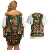 Norwegian Female Bunad Couples Matching Off Shoulder Short Dress and Hawaiian Shirt with Rosemaling Folk Art Green Color - Wonder Print Shop