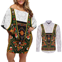 Norwegian Female Bunad Couples Matching Off Shoulder Short Dress and Long Sleeve Button Shirt with Rosemaling Folk Art Green Color - Wonder Print Shop