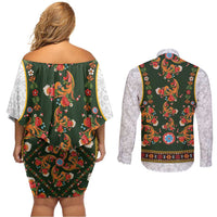 Norwegian Female Bunad Couples Matching Off Shoulder Short Dress and Long Sleeve Button Shirt with Rosemaling Folk Art Green Color - Wonder Print Shop