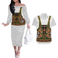 Norwegian Female Bunad Couples Matching Off The Shoulder Long Sleeve Dress and Hawaiian Shirt with Rosemaling Folk Art Green Color - Wonder Print Shop