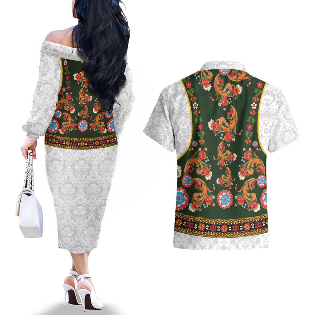 Norwegian Female Bunad Couples Matching Off The Shoulder Long Sleeve Dress and Hawaiian Shirt with Rosemaling Folk Art Green Color - Wonder Print Shop