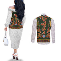 Norwegian Female Bunad Couples Matching Off The Shoulder Long Sleeve Dress and Long Sleeve Button Shirt with Rosemaling Folk Art Green Color - Wonder Print Shop