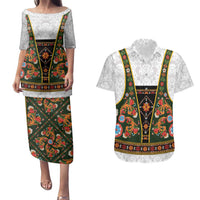 Norwegian Female Bunad Couples Matching Puletasi and Hawaiian Shirt with Rosemaling Folk Art Green Color - Wonder Print Shop