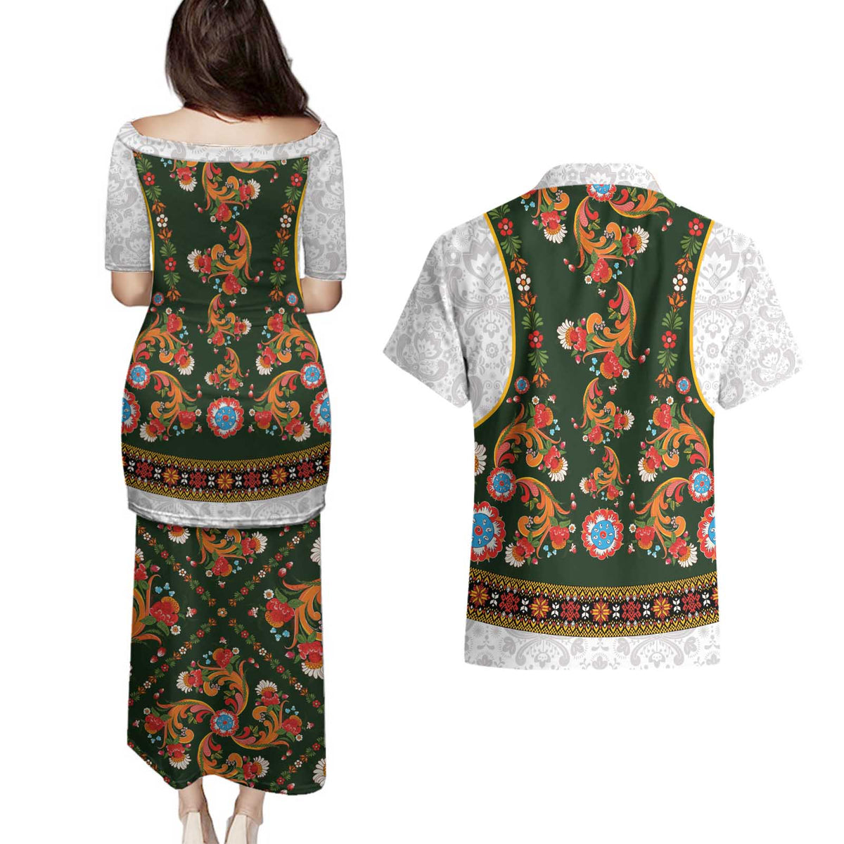 Norwegian Female Bunad Couples Matching Puletasi and Hawaiian Shirt with Rosemaling Folk Art Green Color - Wonder Print Shop