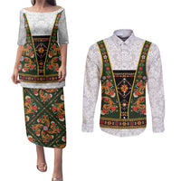 Norwegian Female Bunad Couples Matching Puletasi and Long Sleeve Button Shirt with Rosemaling Folk Art Green Color - Wonder Print Shop