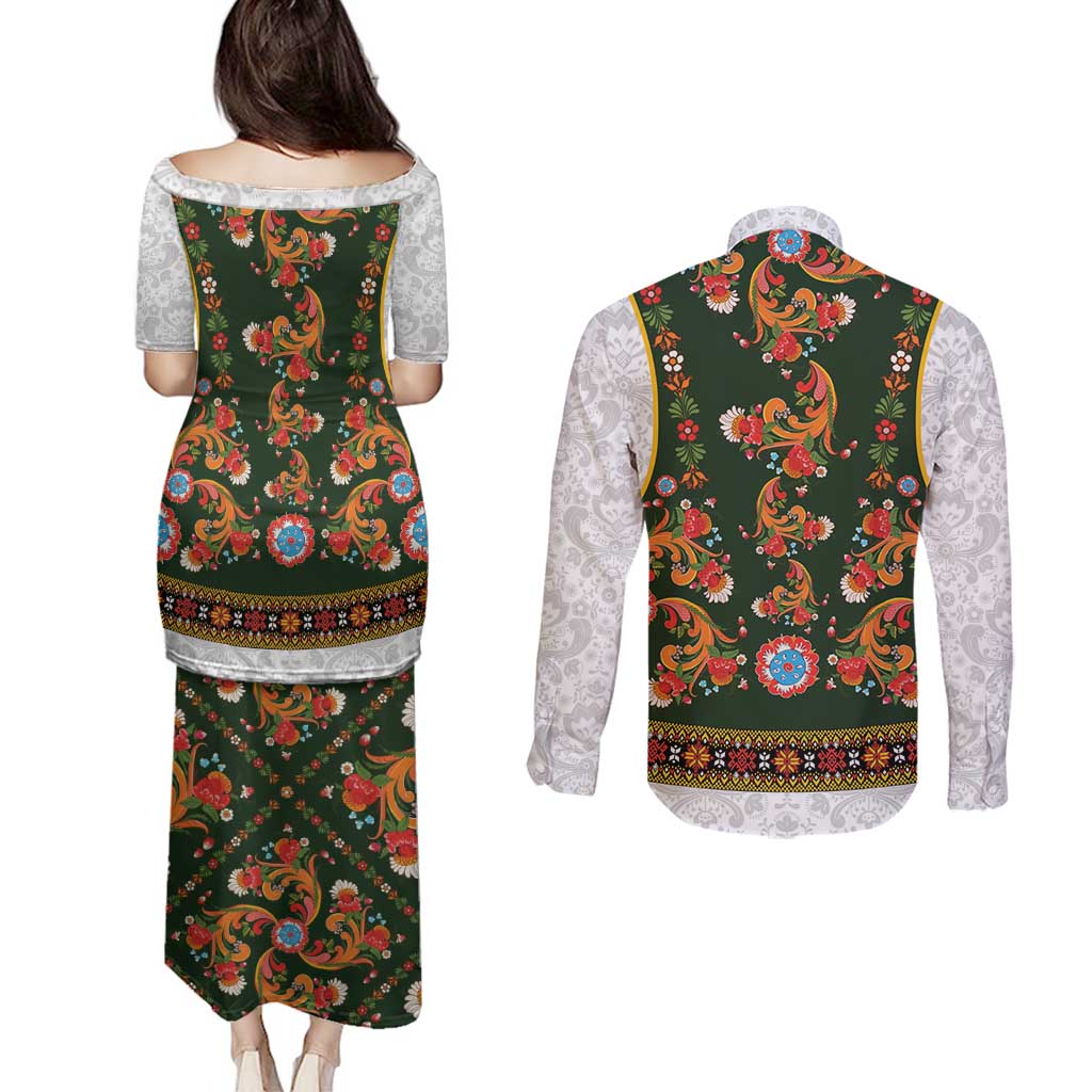 Norwegian Female Bunad Couples Matching Puletasi and Long Sleeve Button Shirt with Rosemaling Folk Art Green Color - Wonder Print Shop
