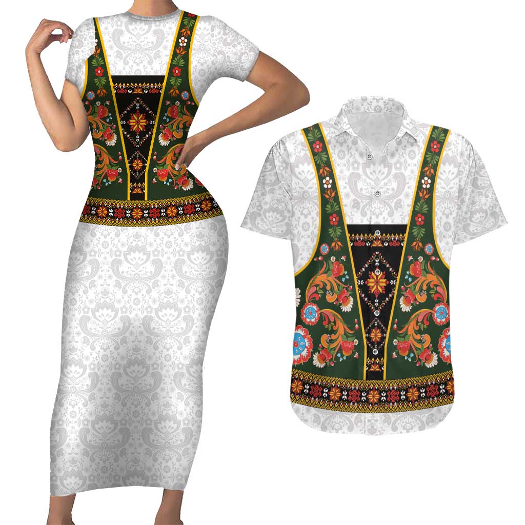 Norwegian Female Bunad Couples Matching Short Sleeve Bodycon Dress and Hawaiian Shirt with Rosemaling Folk Art Green Color - Wonder Print Shop