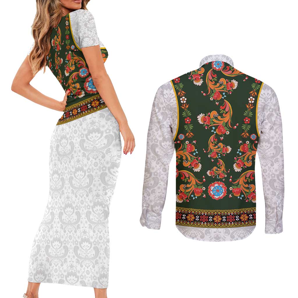 Norwegian Female Bunad Couples Matching Short Sleeve Bodycon Dress and Long Sleeve Button Shirt with Rosemaling Folk Art Green Color - Wonder Print Shop