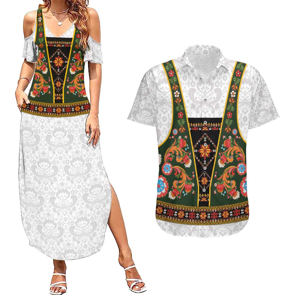 Norwegian Female Bunad Couples Matching Summer Maxi Dress and Hawaiian Shirt with Rosemaling Folk Art Green Color - Wonder Print Shop