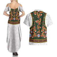 Norwegian Female Bunad Couples Matching Summer Maxi Dress and Hawaiian Shirt with Rosemaling Folk Art Green Color - Wonder Print Shop