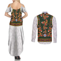 Norwegian Female Bunad Couples Matching Summer Maxi Dress and Long Sleeve Button Shirt with Rosemaling Folk Art Green Color - Wonder Print Shop