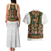 Norwegian Female Bunad Couples Matching Tank Maxi Dress and Hawaiian Shirt with Rosemaling Folk Art Green Color - Wonder Print Shop