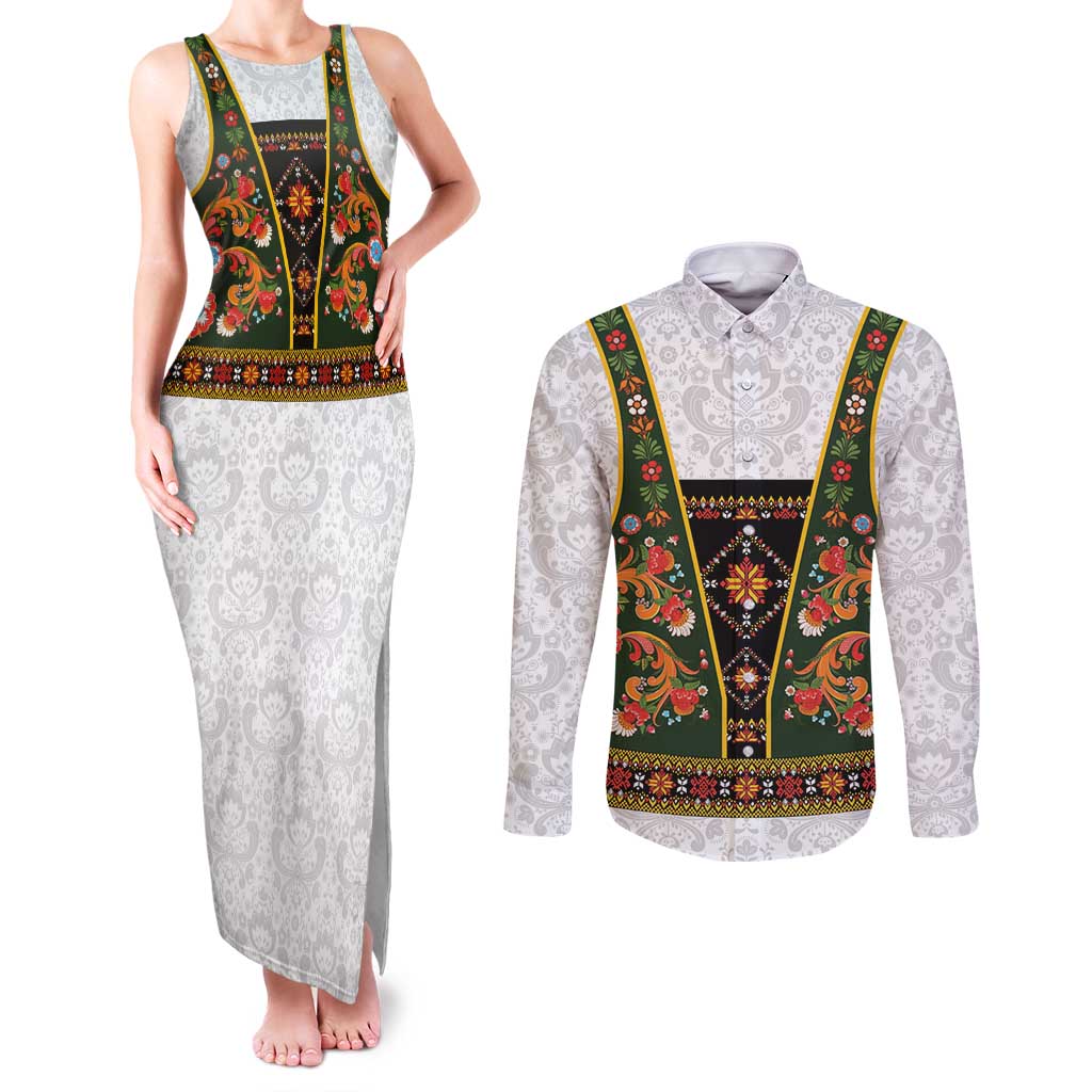 Norwegian Female Bunad Couples Matching Tank Maxi Dress and Long Sleeve Button Shirt with Rosemaling Folk Art Green Color - Wonder Print Shop