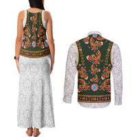 Norwegian Female Bunad Couples Matching Tank Maxi Dress and Long Sleeve Button Shirt with Rosemaling Folk Art Green Color - Wonder Print Shop