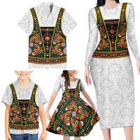 Norwegian Female Bunad Family Matching Long Sleeve Bodycon Dress and Hawaiian Shirt with Rosemaling Folk Art Green Color - Wonder Print Shop