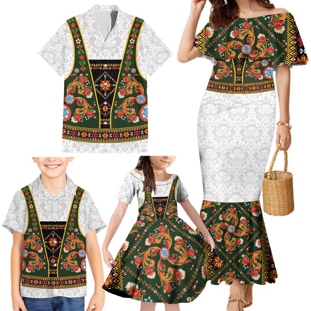 Norwegian Female Bunad Family Matching Mermaid Dress and Hawaiian Shirt with Rosemaling Folk Art Green Color - Wonder Print Shop