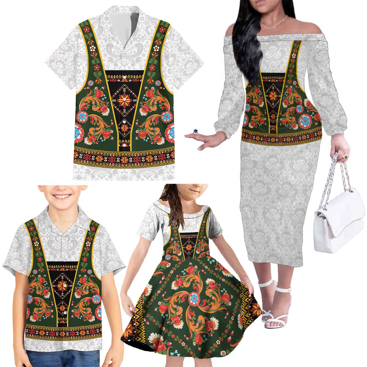 Norwegian Female Bunad Family Matching Off The Shoulder Long Sleeve Dress and Hawaiian Shirt with Rosemaling Folk Art Green Color - Wonder Print Shop