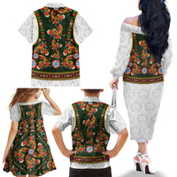 Norwegian Female Bunad Family Matching Off The Shoulder Long Sleeve Dress and Hawaiian Shirt with Rosemaling Folk Art Green Color - Wonder Print Shop