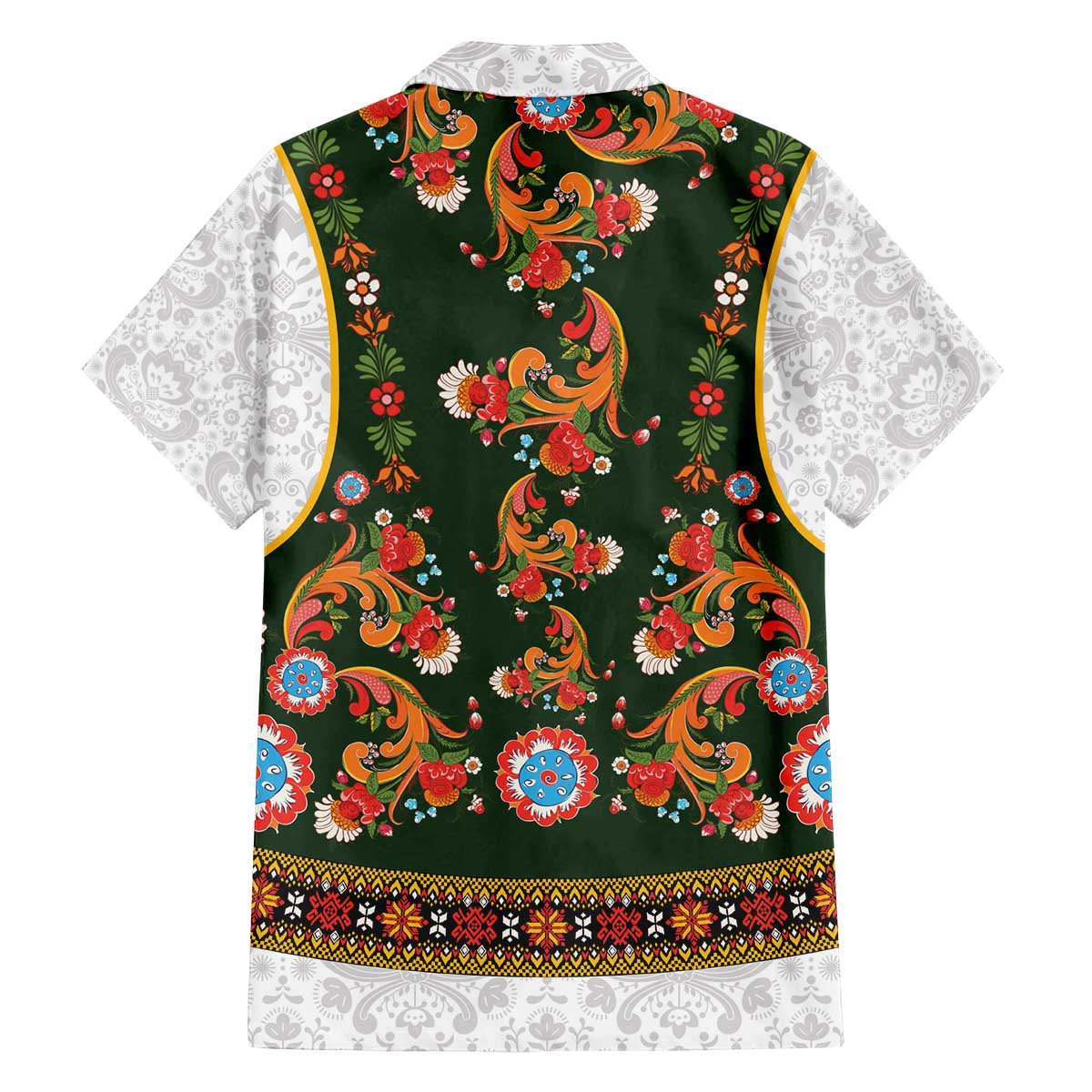 Norwegian Female Bunad Family Matching Off The Shoulder Long Sleeve Dress and Hawaiian Shirt with Rosemaling Folk Art Green Color - Wonder Print Shop