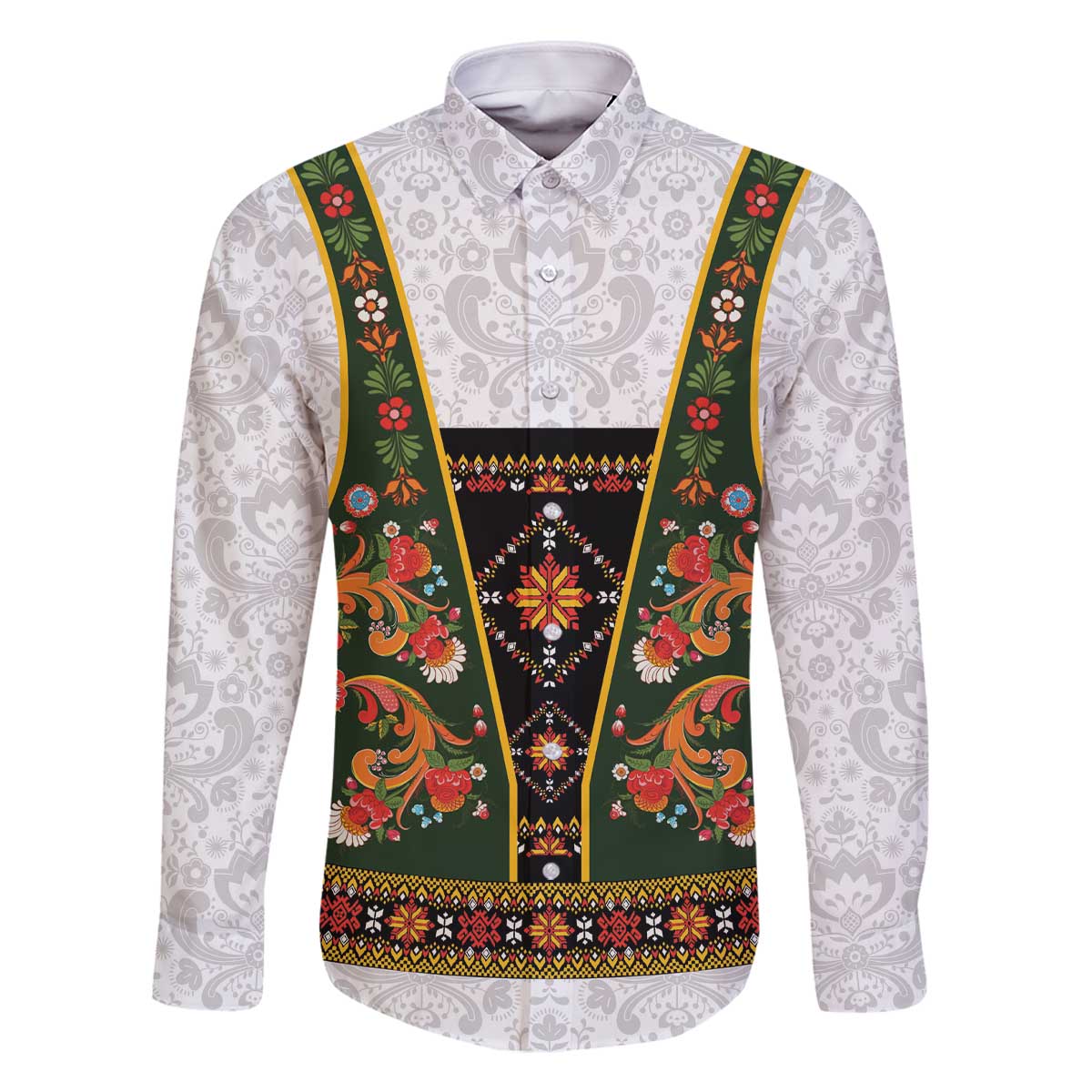 Norwegian Female Bunad Family Matching Off The Shoulder Long Sleeve Dress and Hawaiian Shirt with Rosemaling Folk Art Green Color - Wonder Print Shop