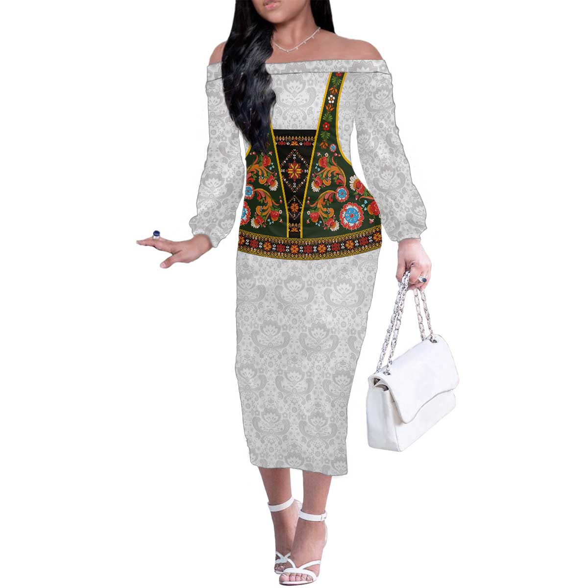 Norwegian Female Bunad Family Matching Off The Shoulder Long Sleeve Dress and Hawaiian Shirt with Rosemaling Folk Art Green Color - Wonder Print Shop