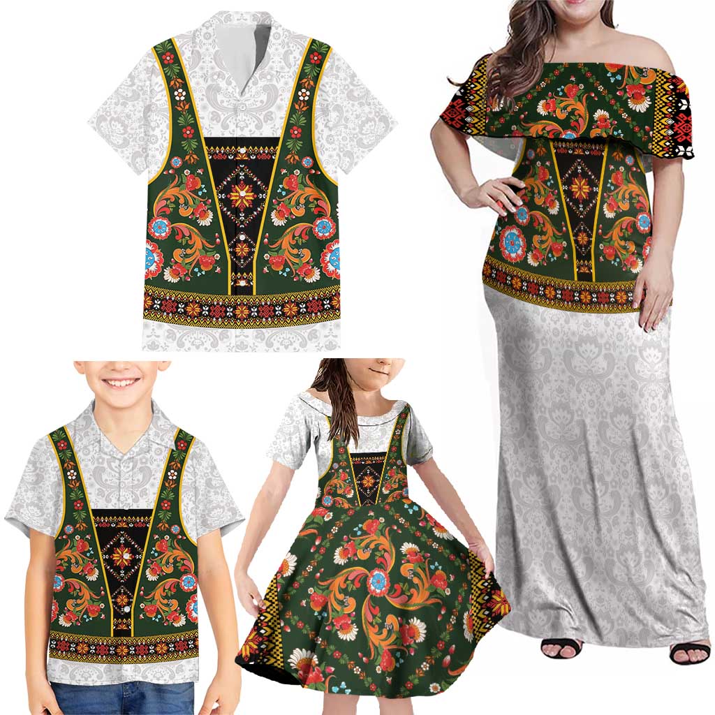 Norwegian Female Bunad Family Matching Off Shoulder Maxi Dress and Hawaiian Shirt with Rosemaling Folk Art Green Color - Wonder Print Shop