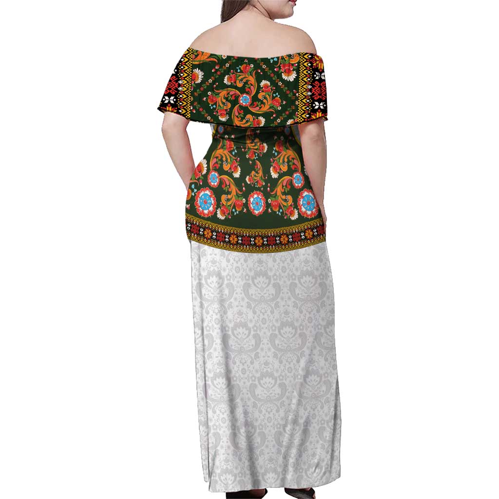 Norwegian Female Bunad Family Matching Off Shoulder Maxi Dress and Hawaiian Shirt with Rosemaling Folk Art Green Color - Wonder Print Shop