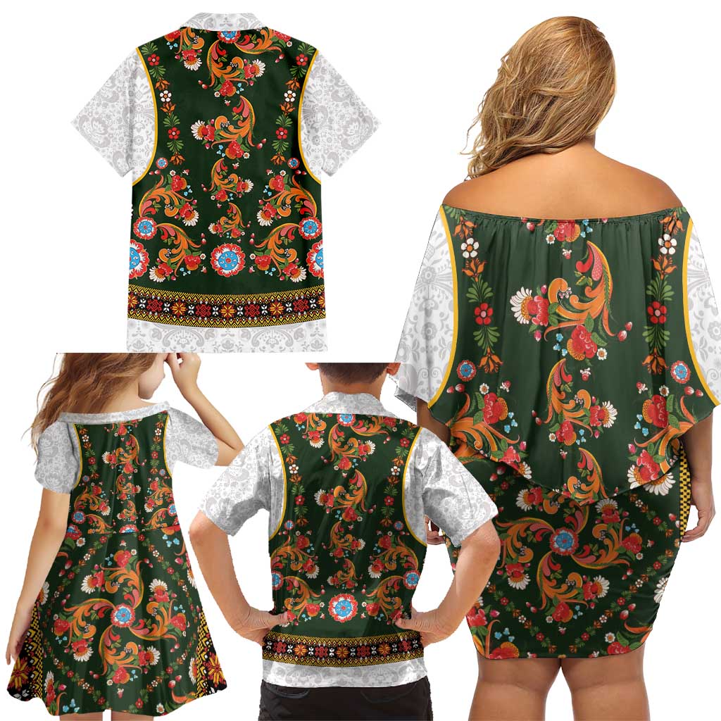Norwegian Female Bunad Family Matching Off Shoulder Short Dress and Hawaiian Shirt with Rosemaling Folk Art Green Color - Wonder Print Shop