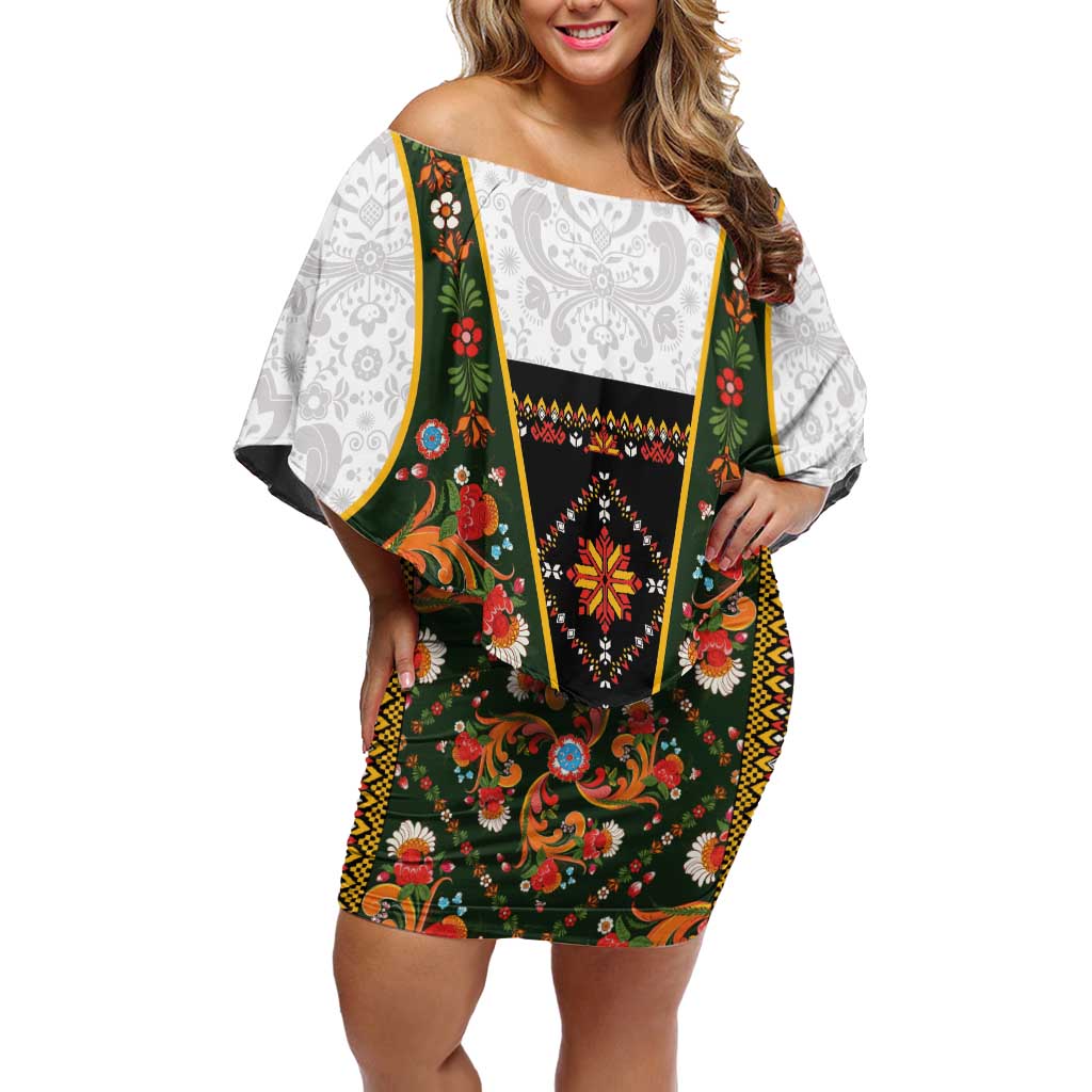 Norwegian Female Bunad Family Matching Off Shoulder Short Dress and Hawaiian Shirt with Rosemaling Folk Art Green Color - Wonder Print Shop