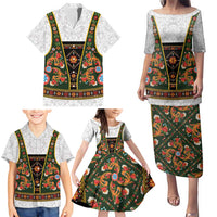 Norwegian Female Bunad Family Matching Puletasi and Hawaiian Shirt with Rosemaling Folk Art Green Color - Wonder Print Shop