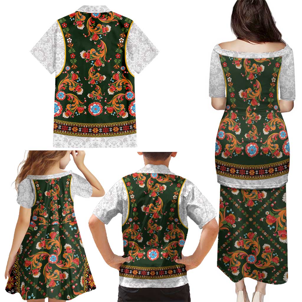 Norwegian Female Bunad Family Matching Puletasi and Hawaiian Shirt with Rosemaling Folk Art Green Color - Wonder Print Shop
