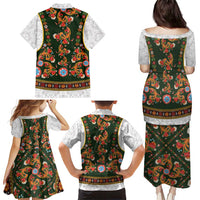 Norwegian Female Bunad Family Matching Puletasi and Hawaiian Shirt with Rosemaling Folk Art Green Color - Wonder Print Shop