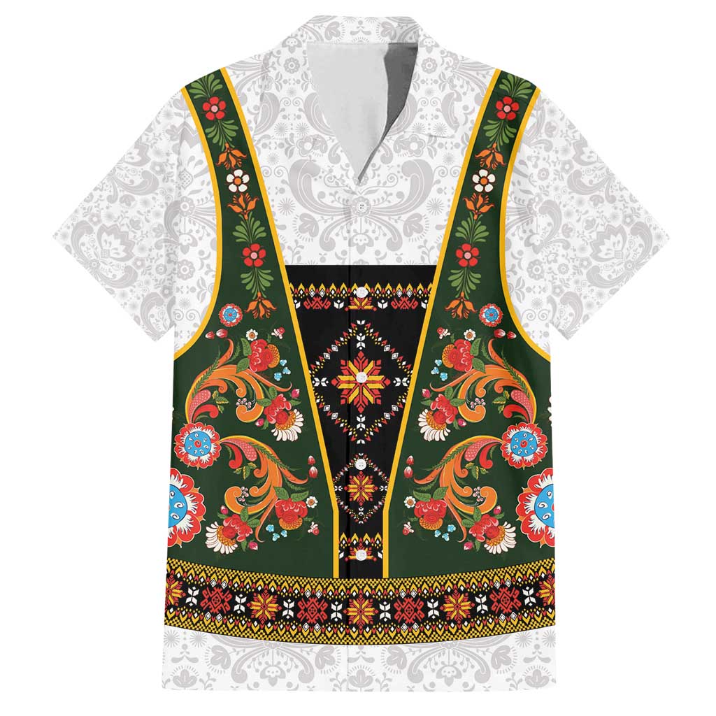 Norwegian Female Bunad Family Matching Puletasi and Hawaiian Shirt with Rosemaling Folk Art Green Color - Wonder Print Shop