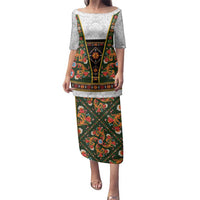 Norwegian Female Bunad Family Matching Puletasi and Hawaiian Shirt with Rosemaling Folk Art Green Color - Wonder Print Shop