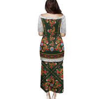 Norwegian Female Bunad Family Matching Puletasi and Hawaiian Shirt with Rosemaling Folk Art Green Color - Wonder Print Shop