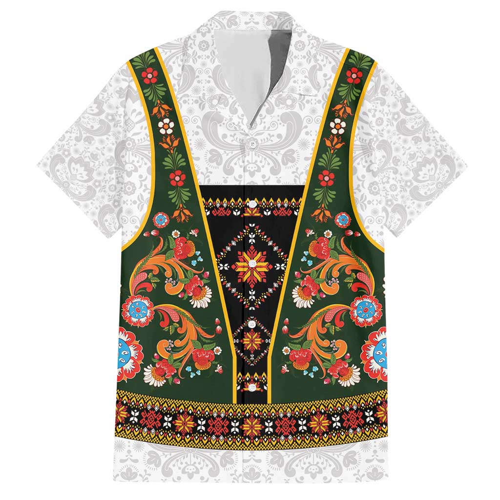 Norwegian Female Bunad Family Matching Short Sleeve Bodycon Dress and Hawaiian Shirt with Rosemaling Folk Art Green Color - Wonder Print Shop