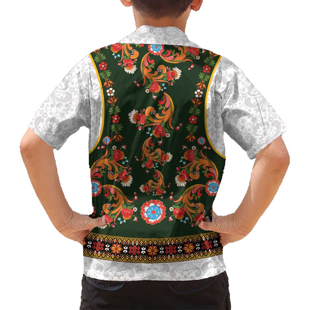 Norwegian Female Bunad Family Matching Summer Maxi Dress and Hawaiian Shirt with Rosemaling Folk Art Green Color - Wonder Print Shop