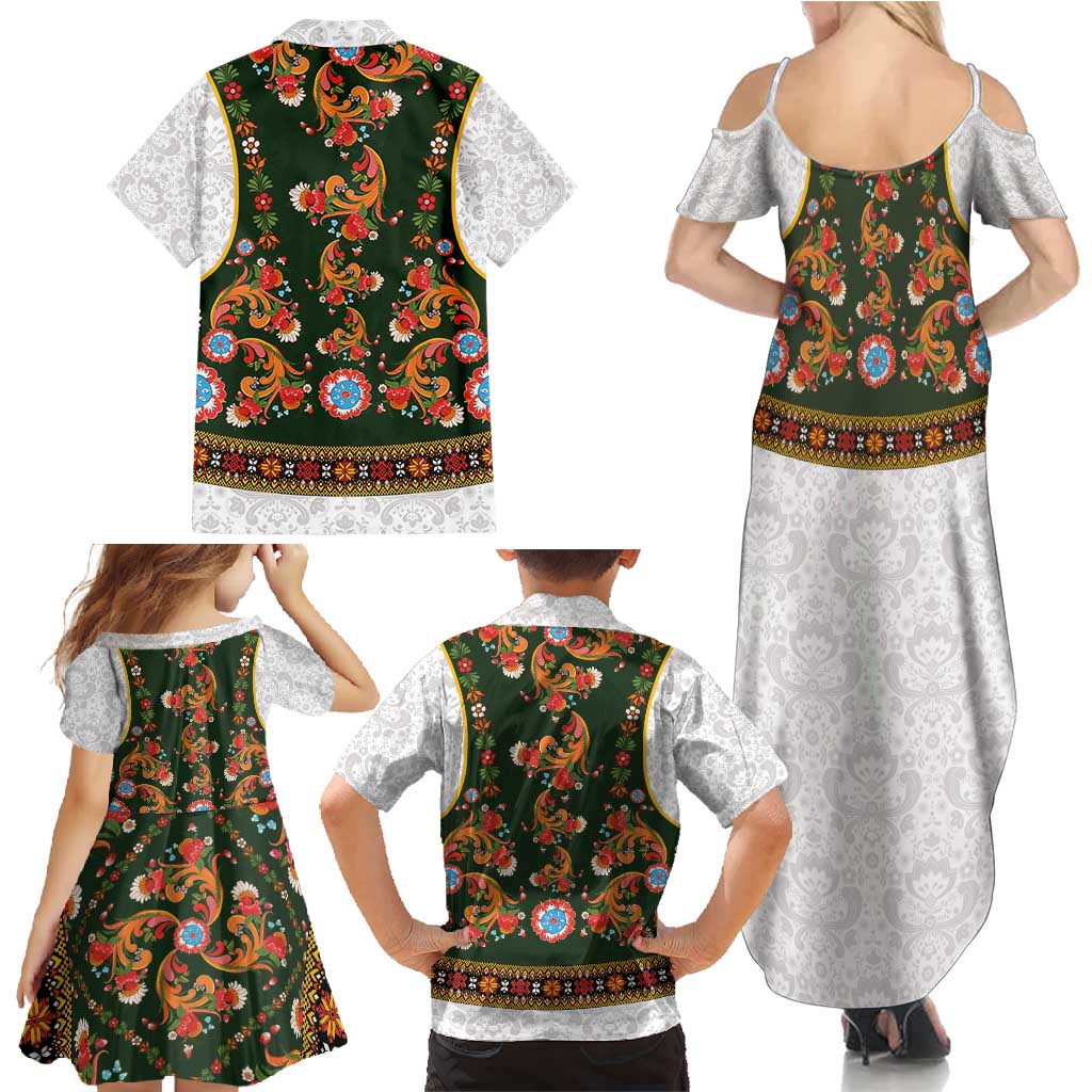 Norwegian Female Bunad Family Matching Summer Maxi Dress and Hawaiian Shirt with Rosemaling Folk Art Green Color - Wonder Print Shop