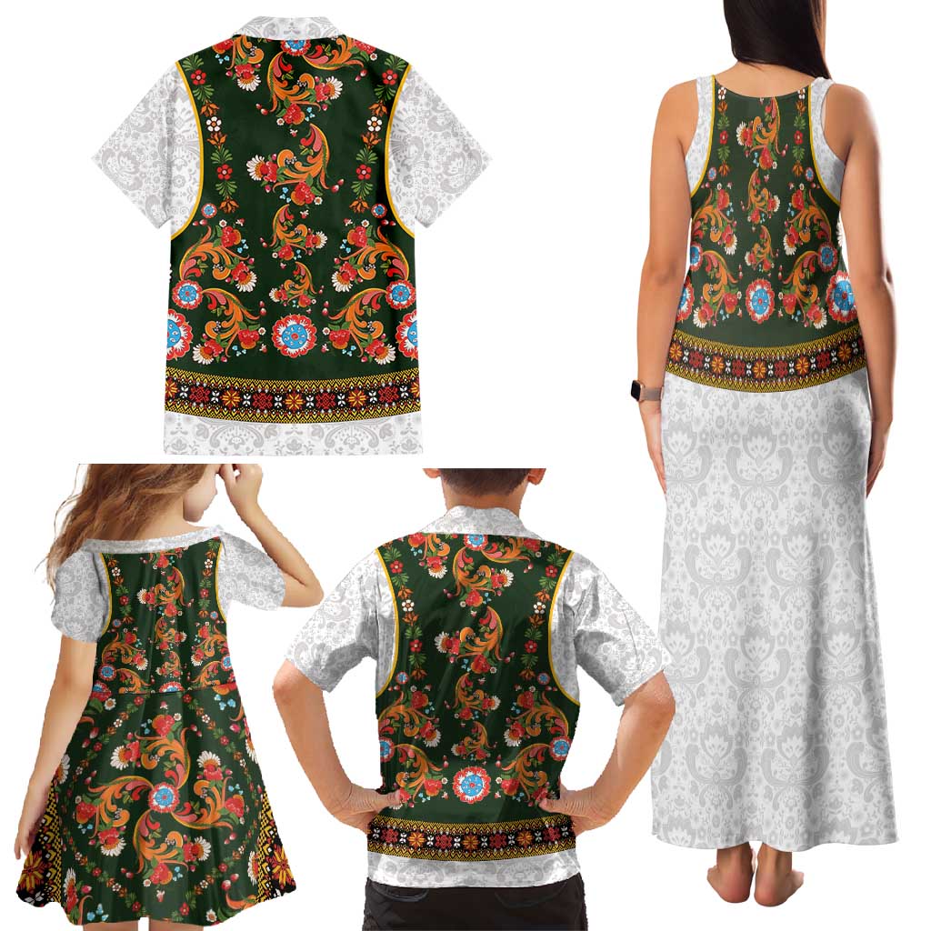 Norwegian Female Bunad Family Matching Tank Maxi Dress and Hawaiian Shirt with Rosemaling Folk Art Green Color - Wonder Print Shop