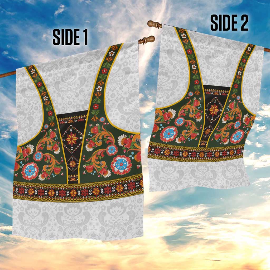 Norwegian Female Bunad Garden Flag with Rosemaling Folk Art Green Color - Wonder Print Shop