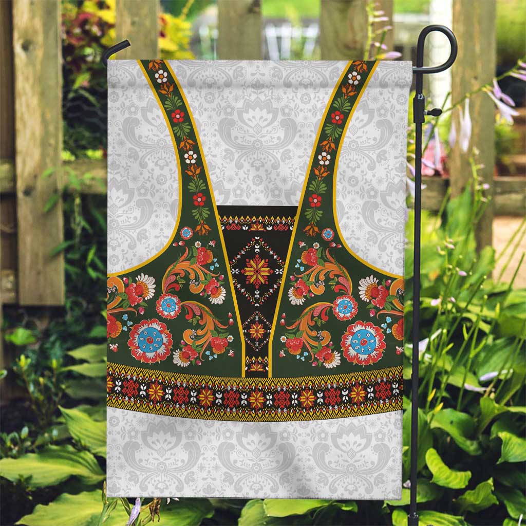 Norwegian Female Bunad Garden Flag with Rosemaling Folk Art Green Color - Wonder Print Shop
