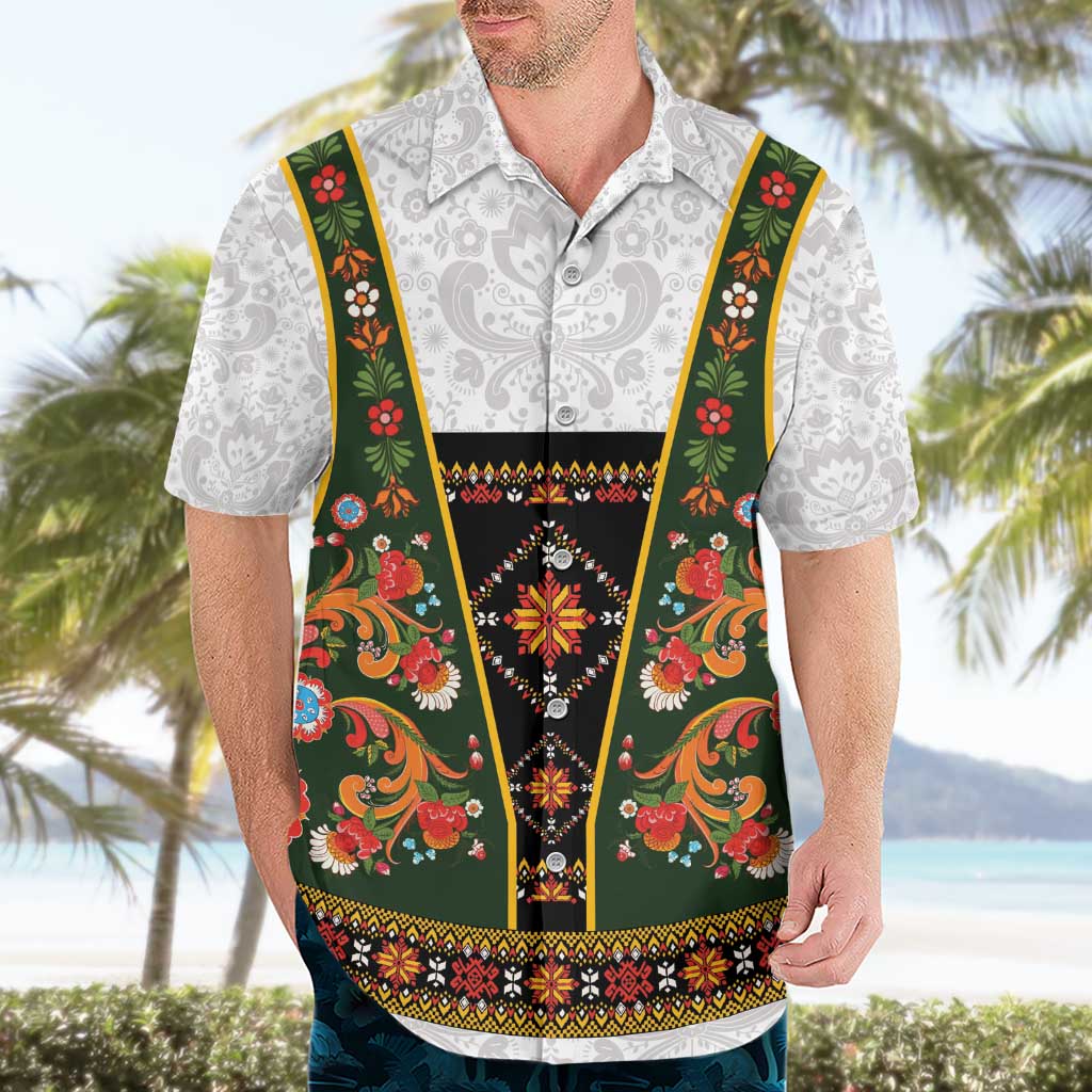 Norwegian Female Bunad Hawaiian Shirt with Rosemaling Folk Art Green Color - Wonder Print Shop