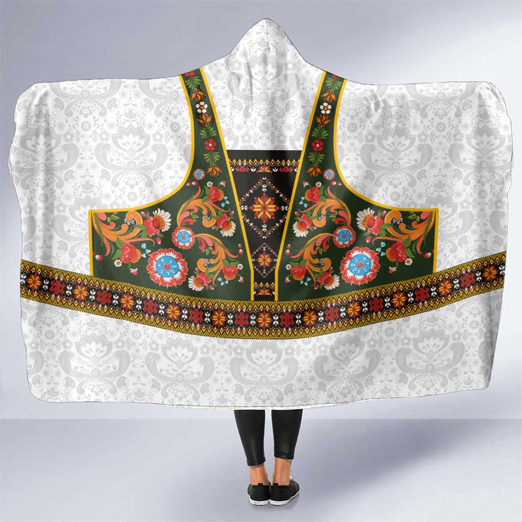 Norwegian Female Bunad Hooded Blanket with Rosemaling Folk Art Green Color - Wonder Print Shop
