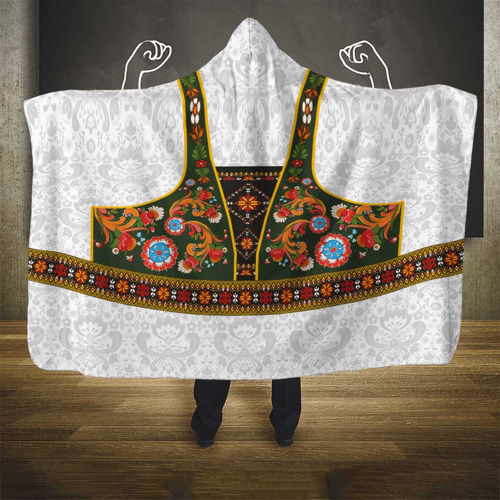 Norwegian Female Bunad Hooded Blanket with Rosemaling Folk Art Green Color - Wonder Print Shop