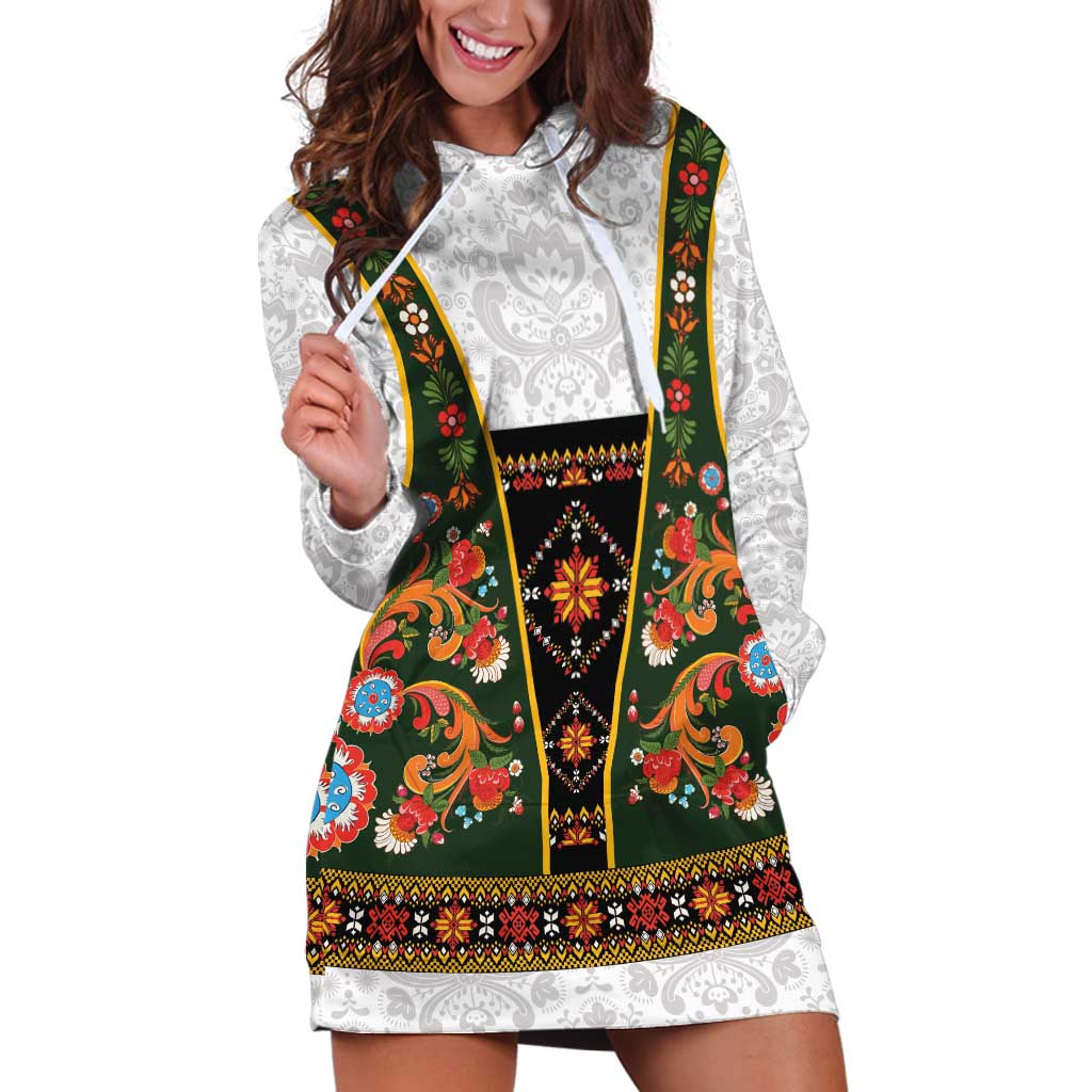 Norwegian Female Bunad Hoodie Dress with Rosemaling Folk Art Green Color - Wonder Print Shop