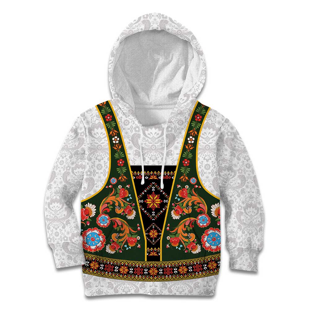 Norwegian Female Bunad Kid Hoodie with Rosemaling Folk Art Green Color - Wonder Print Shop